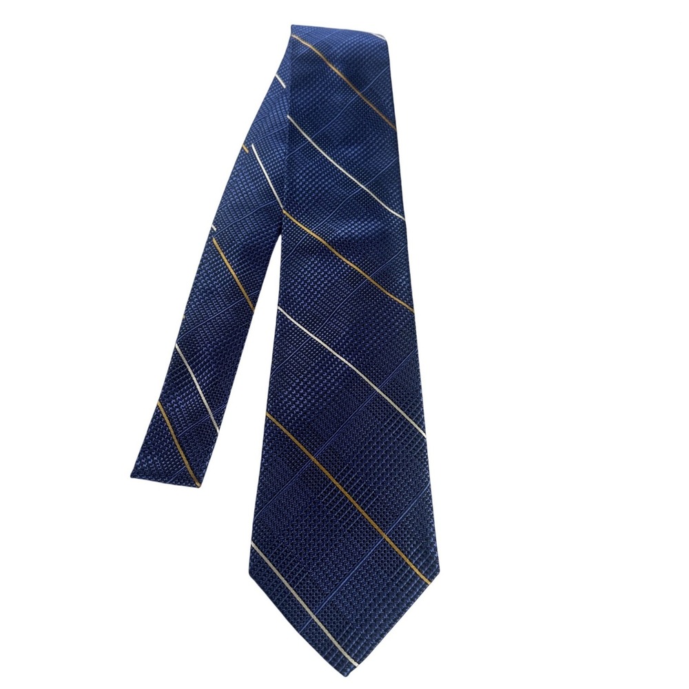Paul Fredrick Mens Silk Blend Necktie Blue‎ Gold White Plaid Dress Tie NWT